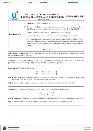 Vista previa de Examen PAU de Matemáticas II de Andalucía 2010 – Reserva 2
