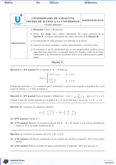 Vista previa de Examen PAU de Matemáticas II de Andalucía 2010 – Reserva 3