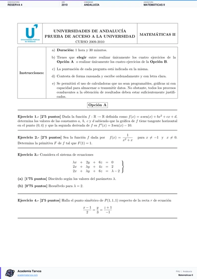 Vista previa de Examen PAU de Matemáticas II de Andalucía 2010 – Reserva 4