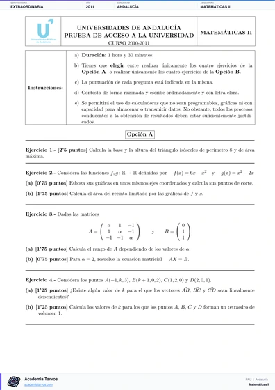 Vista previa de Examen PAU de Matemáticas II de Andalucía 2011 – Extraordinaria