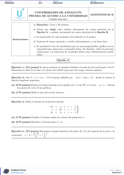Vista previa de Examen PAU de Matemáticas II de Andalucía 2011 – Ordinaria