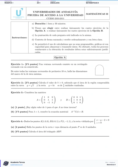 Vista previa de Examen PAU de Matemáticas II de Andalucía 2011 – Reserva 1