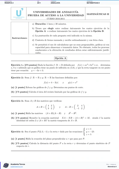 Vista previa de Examen PAU de Matemáticas II de Andalucía 2011 – Reserva 2