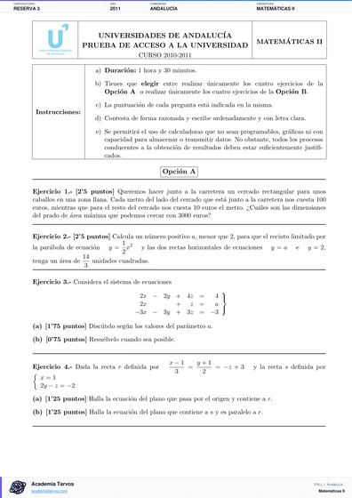 Vista previa de Examen PAU de Matemáticas II de Andalucía 2011 – Reserva 3