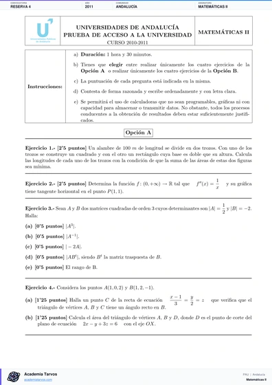 Vista previa de Examen PAU de Matemáticas II de Andalucía 2011 – Reserva 4