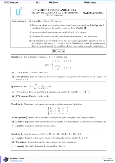 Vista previa de Examen PAU de Matemáticas II de Andalucía 2012 – Extraordinaria