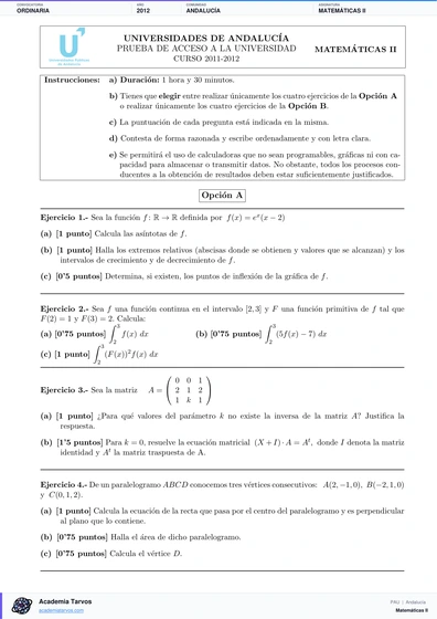 Vista previa de Examen PAU de Matemáticas II de Andalucía 2012 – Ordinaria