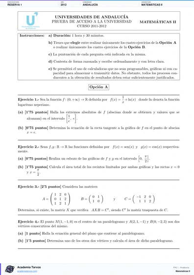 Vista previa de Examen PAU de Matemáticas II de Andalucía 2012 – Reserva 1