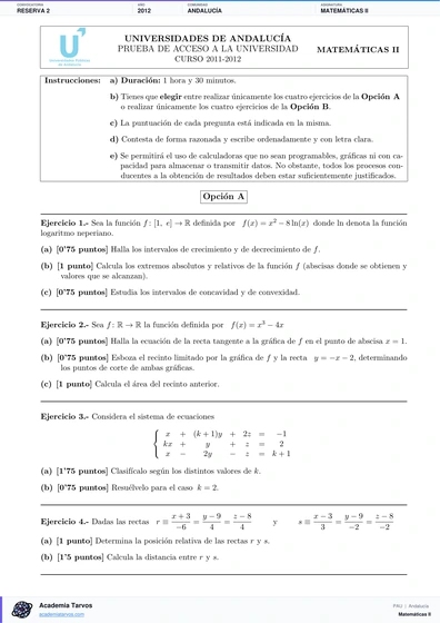 Vista previa de Examen PAU de Matemáticas II de Andalucía 2012 – Reserva 2