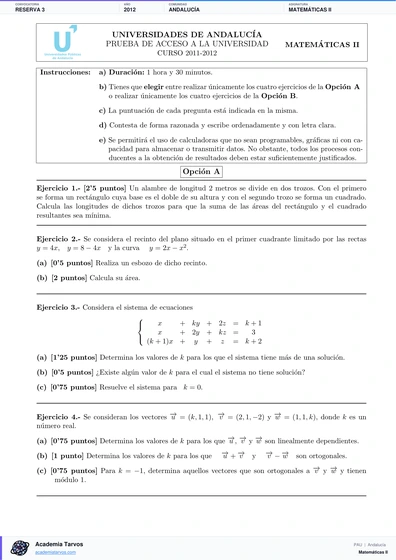 Vista previa de Examen PAU de Matemáticas II de Andalucía 2012 – Reserva 3
