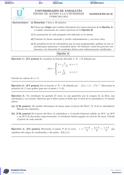 Vista previa de Examen PAU de Matemáticas II de Andalucía 2012 – Reserva 4