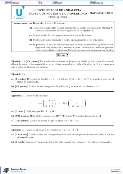 Vista previa de Examen PAU de Matemáticas II de Andalucía 2013 – Extraordinaria