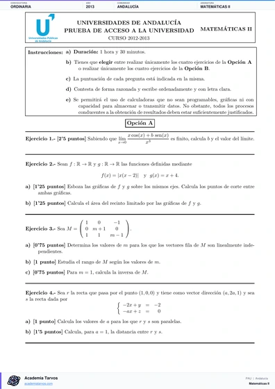 Vista previa de Examen PAU de Matemáticas II de Andalucía 2013 – Ordinaria