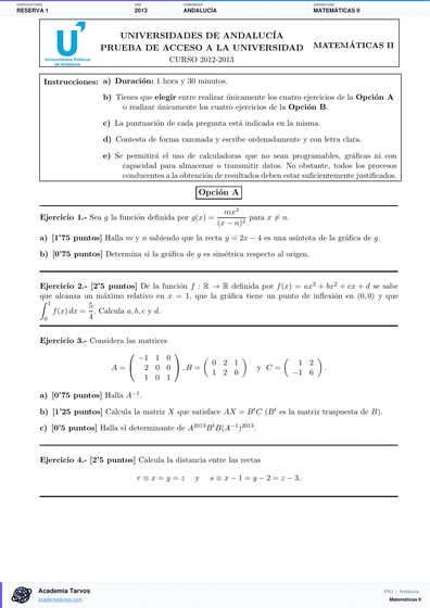 Vista previa de Examen PAU de Matemáticas II de Andalucía 2013 – Reserva 1