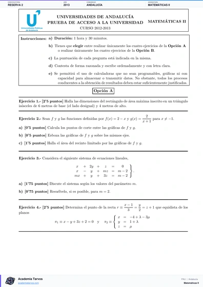 Vista previa de Examen PAU de Matemáticas II de Andalucía 2013 – Reserva 2
