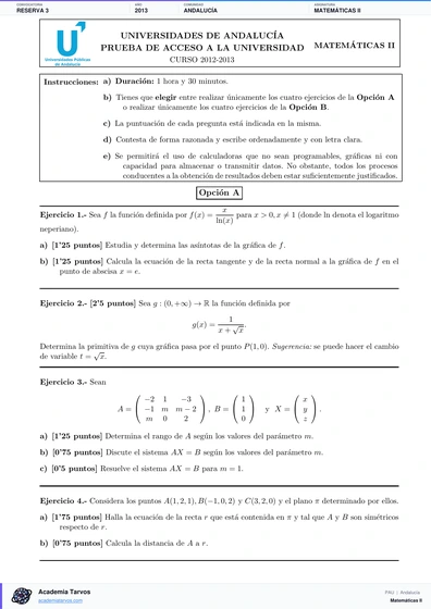 Vista previa de Examen PAU de Matemáticas II de Andalucía 2013 – Reserva 3