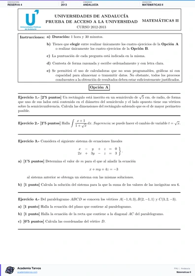 Vista previa de Examen PAU de Matemáticas II de Andalucía 2013 – Reserva 4
