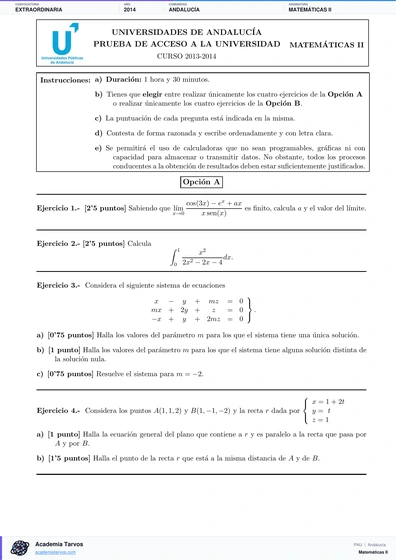 Vista previa de Examen PAU de Matemáticas II de Andalucía 2014 – Extraordinaria