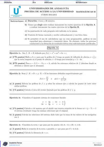 Vista previa de Examen PAU de Matemáticas II de Andalucía 2014 – Ordinaria