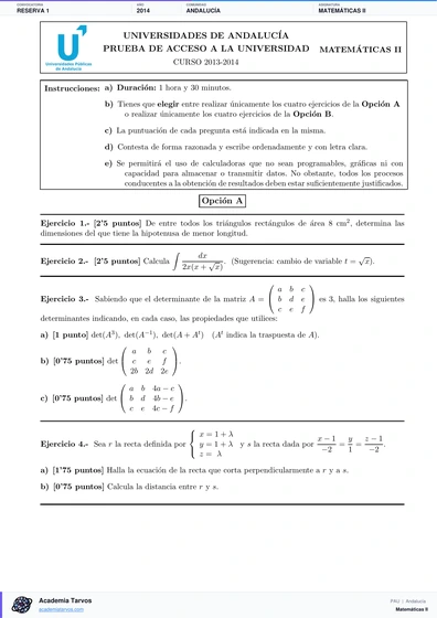 Vista previa de Examen PAU de Matemáticas II de Andalucía 2014 – Reserva 1