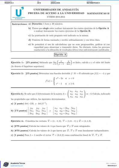 Vista previa de Examen PAU de Matemáticas II de Andalucía 2014 – Reserva 2