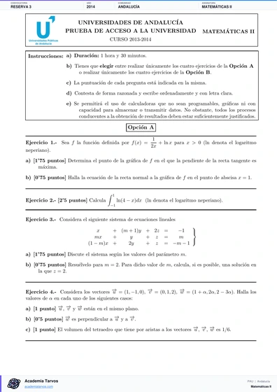 Vista previa de Examen PAU de Matemáticas II de Andalucía 2014 – Reserva 3
