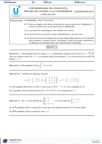 Vista previa de Examen PAU de Matemáticas II de Andalucía 2015 – Extraordinaria