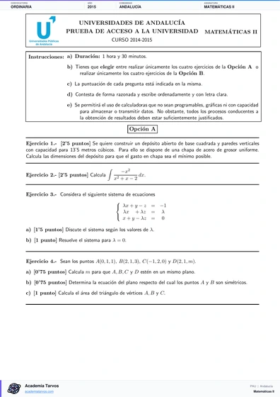 Vista previa de Examen PAU de Matemáticas II de Andalucía 2015 – Ordinaria