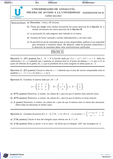 Vista previa de Examen PAU de Matemáticas II de Andalucía 2015 – Reserva 1