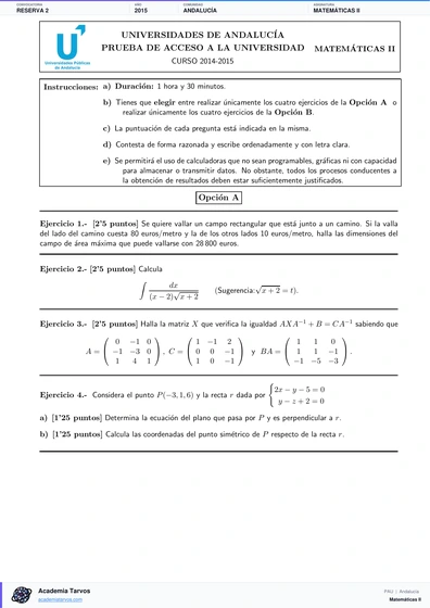 Vista previa de Examen PAU de Matemáticas II de Andalucía 2015 – Reserva 2