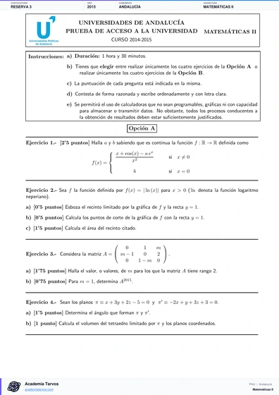 Vista previa de Examen PAU de Matemáticas II de Andalucía 2015 – Reserva 3