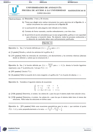 Vista previa de Examen PAU de Matemáticas II de Andalucía 2015 – Reserva 4