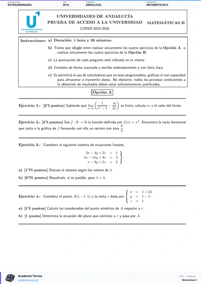 Vista previa de Examen PAU de Matemáticas II de Andalucía 2016 – Extraordinaria