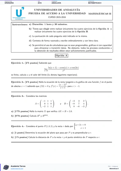 Vista previa de Examen PAU de Matemáticas II de Andalucía 2016 – Ordinaria