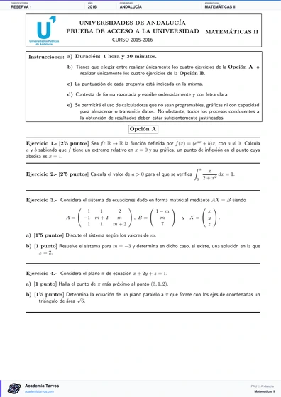 Vista previa de Examen PAU de Matemáticas II de Andalucía 2016 – Reserva 1