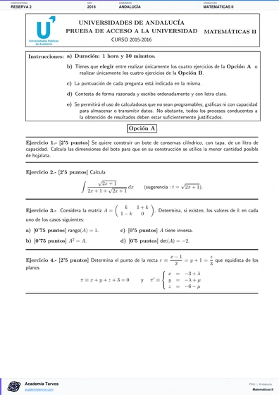 Vista previa de Examen PAU de Matemáticas II de Andalucía 2016 – Reserva 2