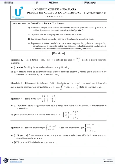 Vista previa de Examen PAU de Matemáticas II de Andalucía 2016 – Reserva 3