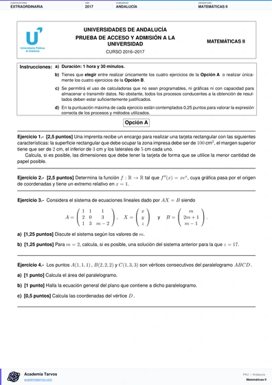 Vista previa de Examen PAU de Matemáticas II de Andalucía 2017 – Extraordinaria