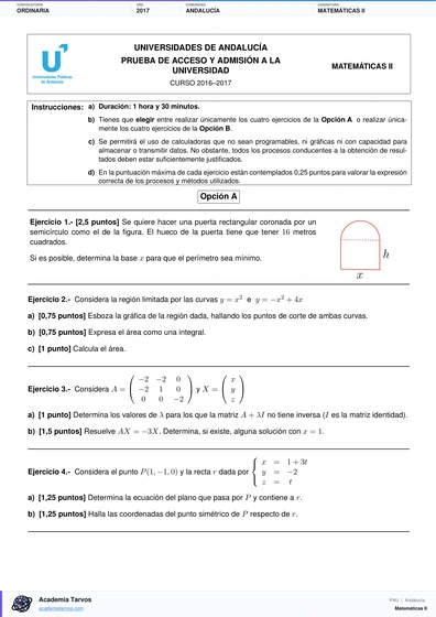 Vista previa de Examen PAU de Matemáticas II de Andalucía 2017 – Ordinaria