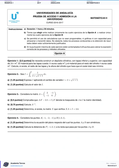 Vista previa de Examen PAU de Matemáticas II de Andalucía 2017 – Reserva 1