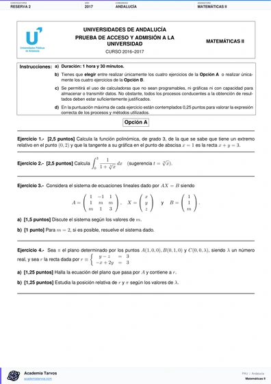 Vista previa de Examen PAU de Matemáticas II de Andalucía 2017 – Reserva 2