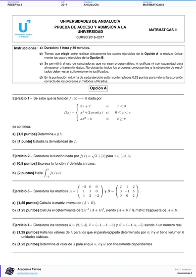 Vista previa de Examen PAU de Matemáticas II de Andalucía 2017 – Reserva 3