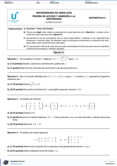 Vista previa de Examen PAU de Matemáticas II de Andalucía 2017 – Reserva 4
