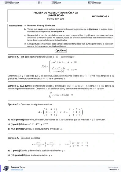 Vista previa de Examen PAU de Matemáticas II de Andalucía 2018 – Extraordinaria