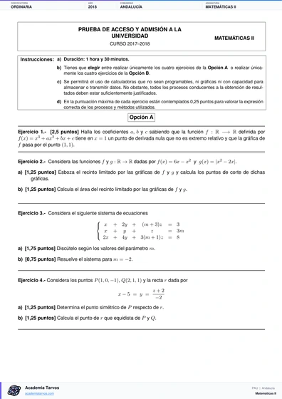 Vista previa de Examen PAU de Matemáticas II de Andalucía 2018 – Ordinaria