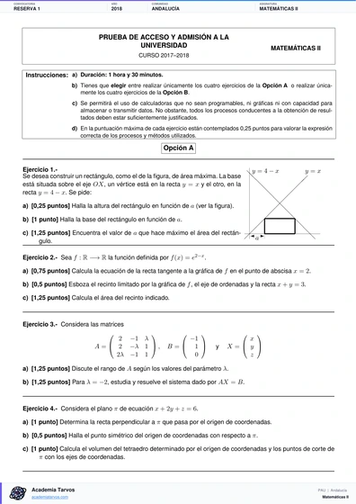Vista previa de Examen PAU de Matemáticas II de Andalucía 2018 – Reserva 1