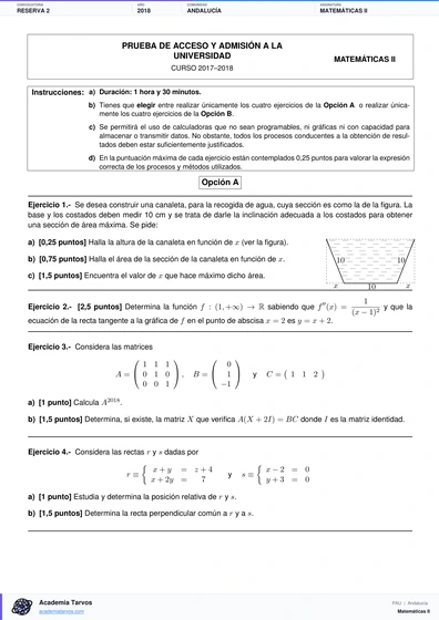 Vista previa de Examen PAU de Matemáticas II de Andalucía 2018 – Reserva 2