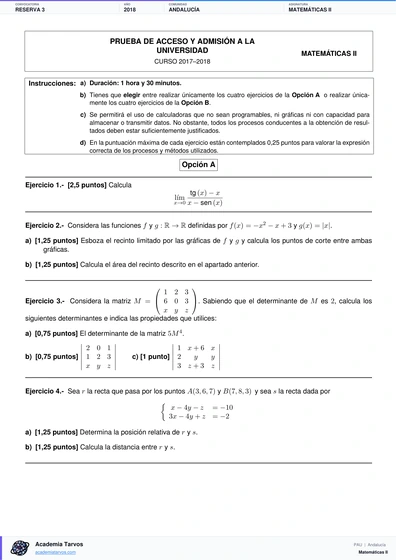 Vista previa de Examen PAU de Matemáticas II de Andalucía 2018 – Reserva 3