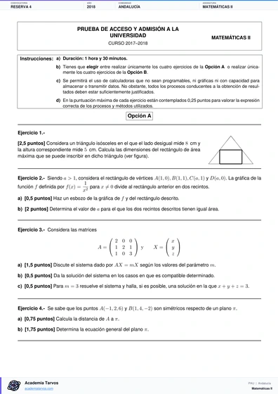 Vista previa de Examen PAU de Matemáticas II de Andalucía 2018 – Reserva 4