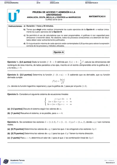 Vista previa de Examen PAU de Matemáticas II de Andalucía 2019 – Extraordinaria